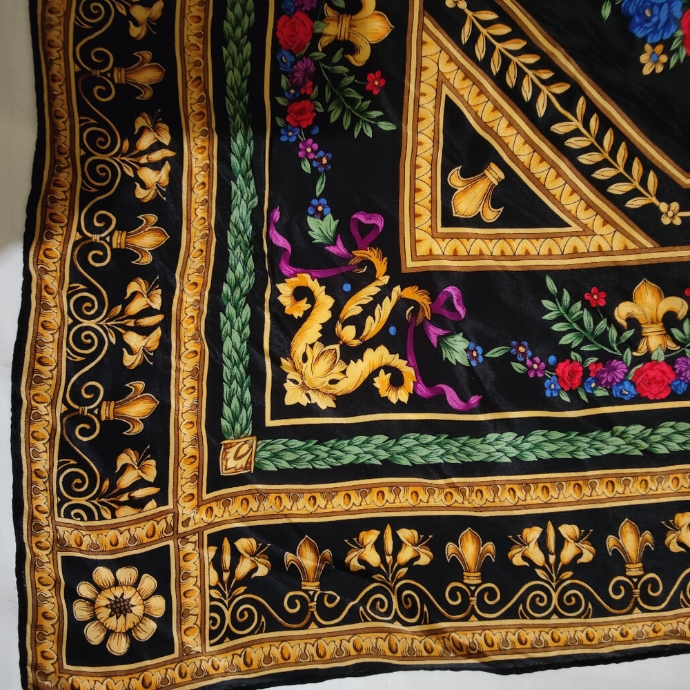 Rose Floral Baroque Square Silk Scarf with Gold Motif Border, 30"x31" - Picture 5 of 11
